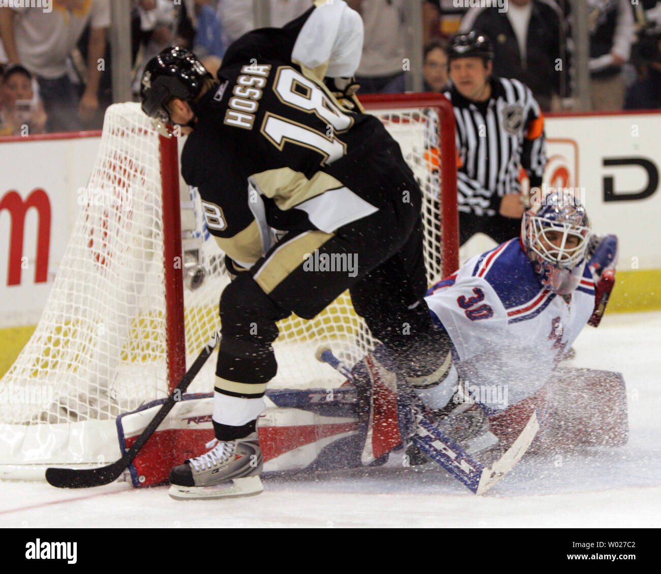 New York Rangers goalie Henrik Rozsival denies Pittsburgh Penguins Marian Hossa in the first period of the  2008 Eastern Conference Stanley Cup semifinals at the Mellon Arena in Pittsburgh on April 27, 2008.      (UPI Photo/Stephen Gross) Stock Photo
