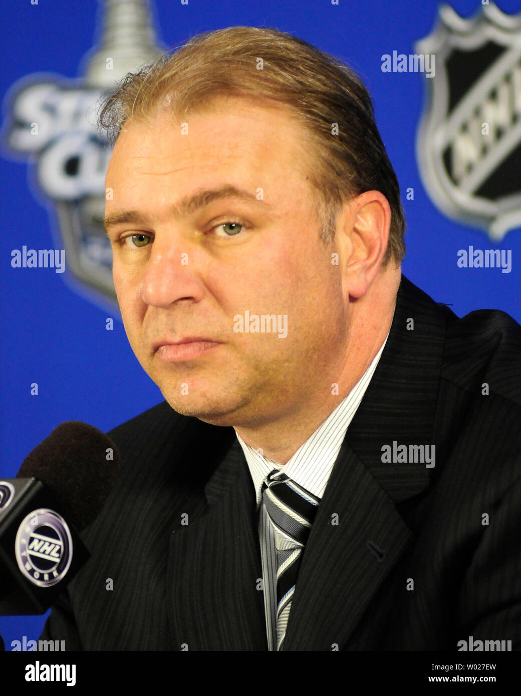 Pittsburgh Penguins head coach Michel Therrien answers questions during a  press conference following the Penguins 4 - 2 win over the Philadelphia  Flyers in game two of the third round of the