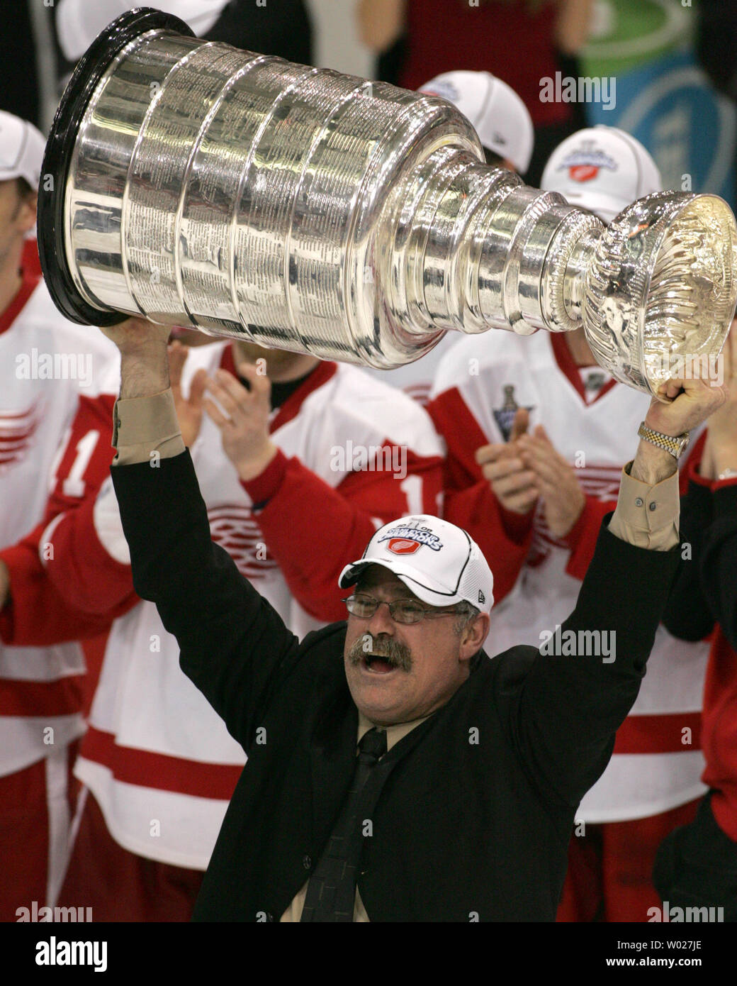 The Detroit Red assistant coach Paul Maclean holds the Stanley Cup in celebration after the Red Wings defeated the Pittsburgh Penguins 3-2 in game six of the 2008 Stanley Cup Finals at the Mellon Arena in Pittsburgh on June 4, 2008. The Red Wings won the series 4 games to 2.     (UPI Photo/Stephen Gross) Stock Photo