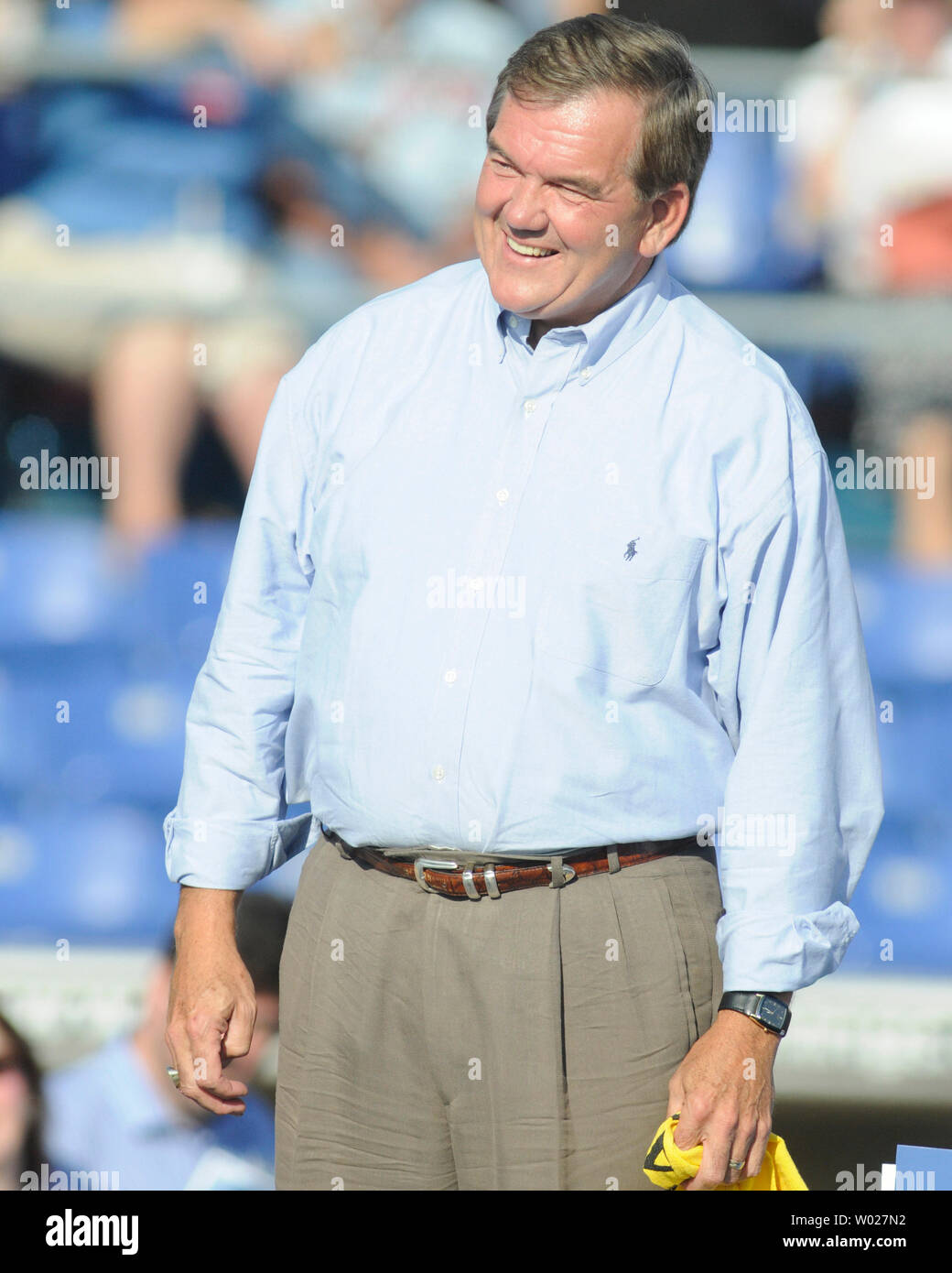 Tom Ridge, former Governor of Pennsylvania listens to Lynn Swann warm up the crowd at Consol Energy Park in Washington, Pennsylvania for Republican Presidential candidate John McCain's Road to the Convention Rally on August 30, 2008.   (UPI Photo/Archie Carpenter) Stock Photo