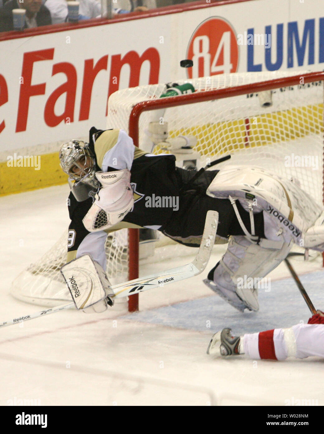 Pittsburgh Penguins goalie denies  Detroit Red Wings Marian Hossa  in the second period of the fourth game of the 2009 Stanley Cup Finals at the Mellon Arena in Pittsburgh on June 4,  2009.    .(UPI Photo/Stephen Gross) Stock Photo
