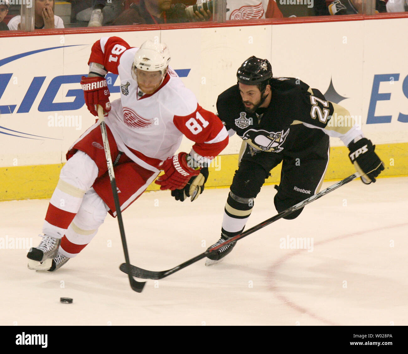 Pittsburgh Penguins Craig Adams (27) chases Detroit Red Wings Marian Hossa (81) during the third period in the fourth game of the 2009 Stanley Cup Finals at the Mellon Arena in Pittsburgh on June 4,  2009.     (UPI Photo/Stephen Gross) Stock Photo
