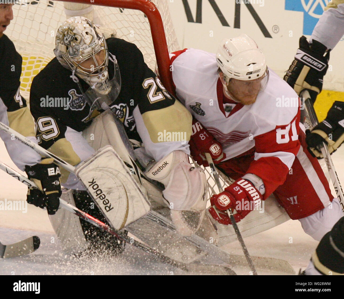 Pittsburgh Penguins goalie Marc-Andre Fleury (29) denies Detroit Red Wings Marian Hossa (81) in the third period of the sixth game of the 2009 Stanley Cup Finals at the Mellon Arena in Pittsburgh on June 9,  2009.    .(UPI Photo/Stephen Gross) Stock Photo
