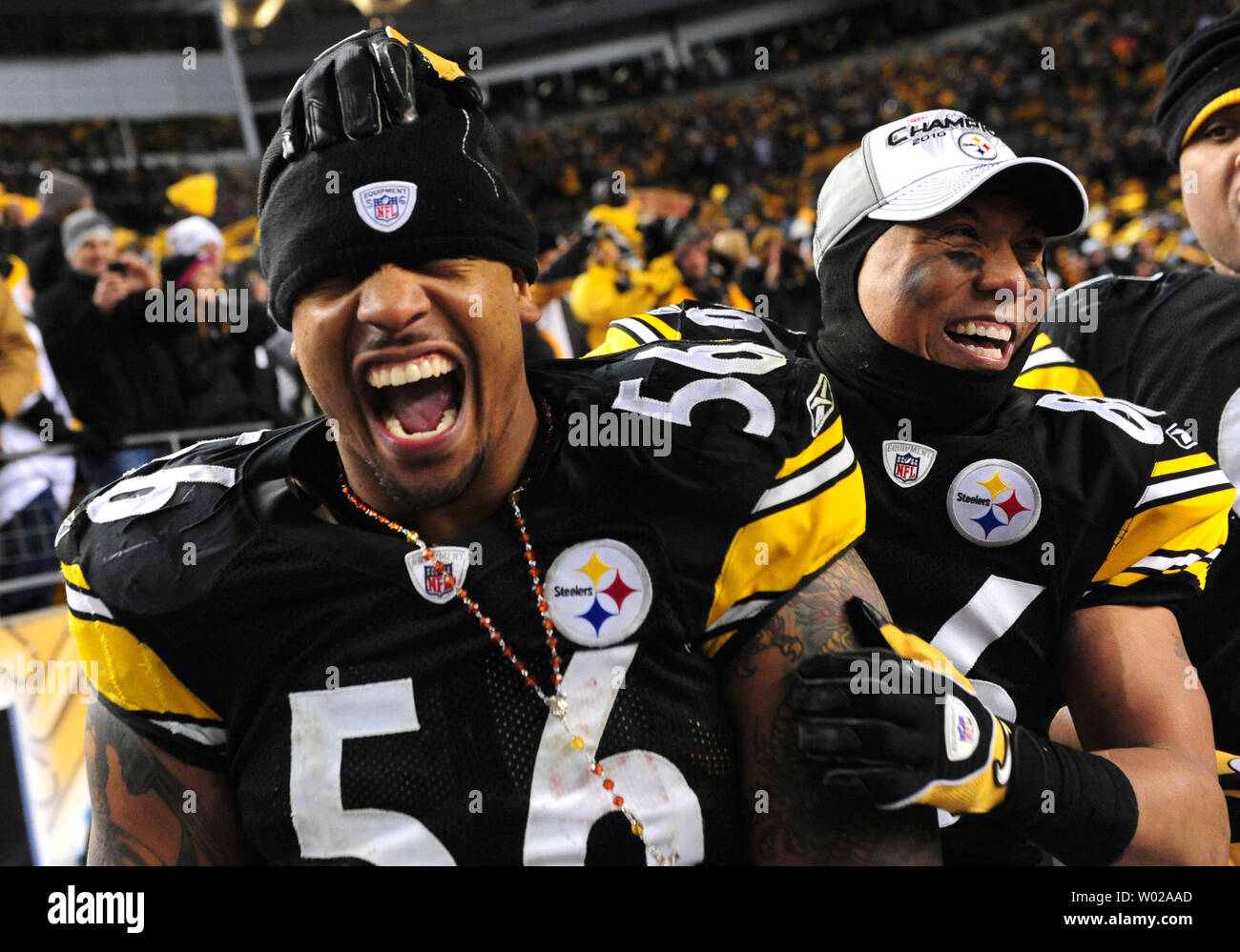 Pittsburgh Steelers' linebacker LaMarr Woodley (56) celebrates with teammate wide receiver Hines Ward after the Steelers defeated the New York Jets 24-19 winning the AFC Championship at Heinz Field in Pittsburgh, Pennsylvania on January 23, 2011. The Steelers will face the Green Bay Packers in Super Bowl XLV.  UPI/Kevin Dietsch Stock Photo