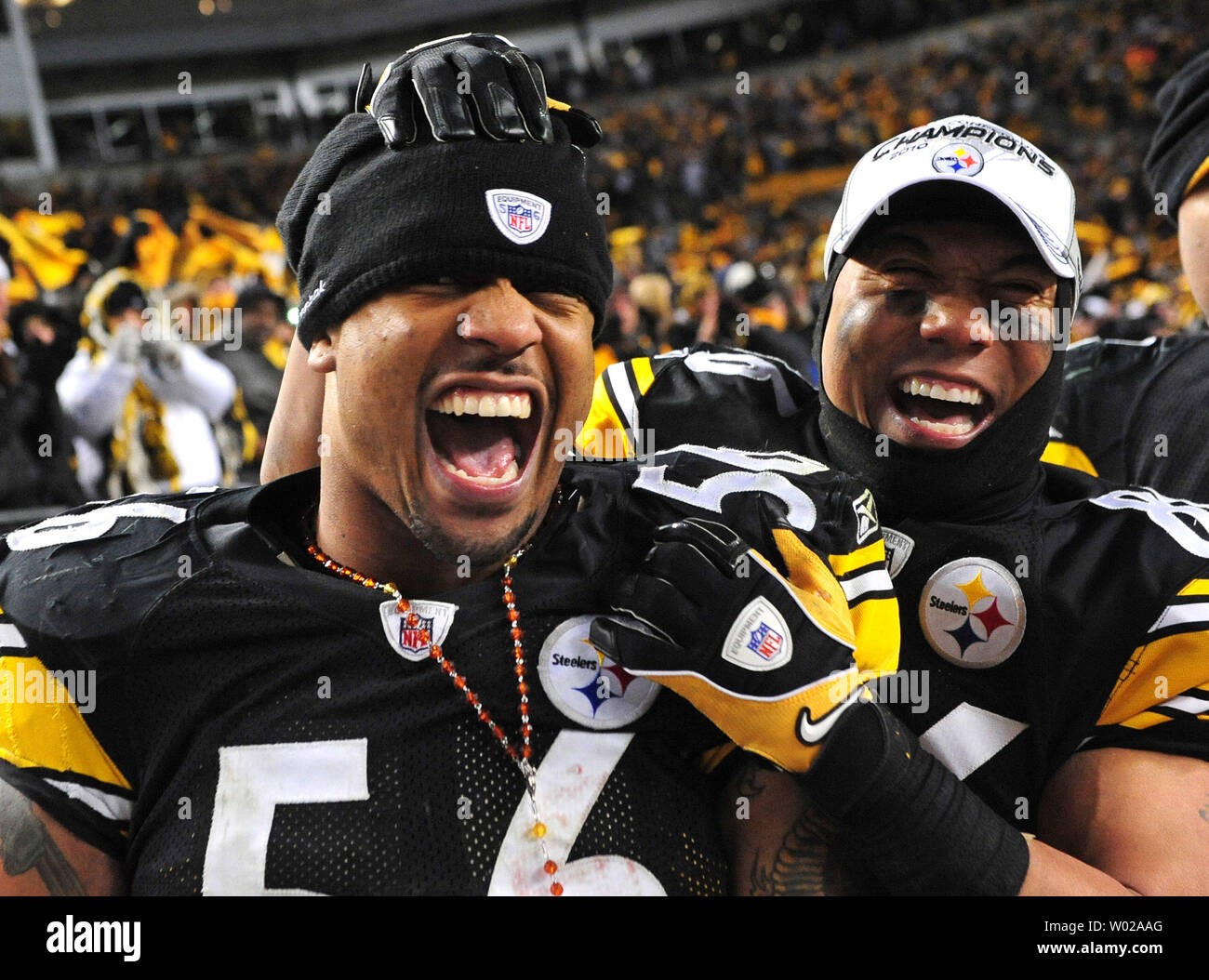 Pittsburgh Steelers' linebacker LaMarr Woodley (56) celebrates with teammate wide receiver Hines Ward after the Steelers defeated the New York Jets 24-19 winning the AFC Championship at Heinz Field in Pittsburgh, Pennsylvania on January 23, 2011. The Steelers will face the Green Bay Packers in Super Bowl XLV.  UPI/Kevin Dietsch Stock Photo