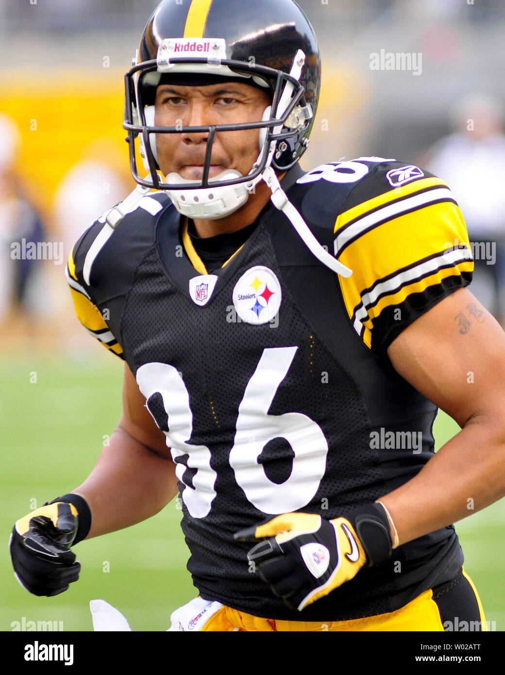 Pittsburgh Steelers Hines Ward warms up before the start of the preseason game against the Atlanta Falcons at Heinz Field in Pittsburgh PA on August 27, 2011. UPI/Archie Carpenter Stock Photo