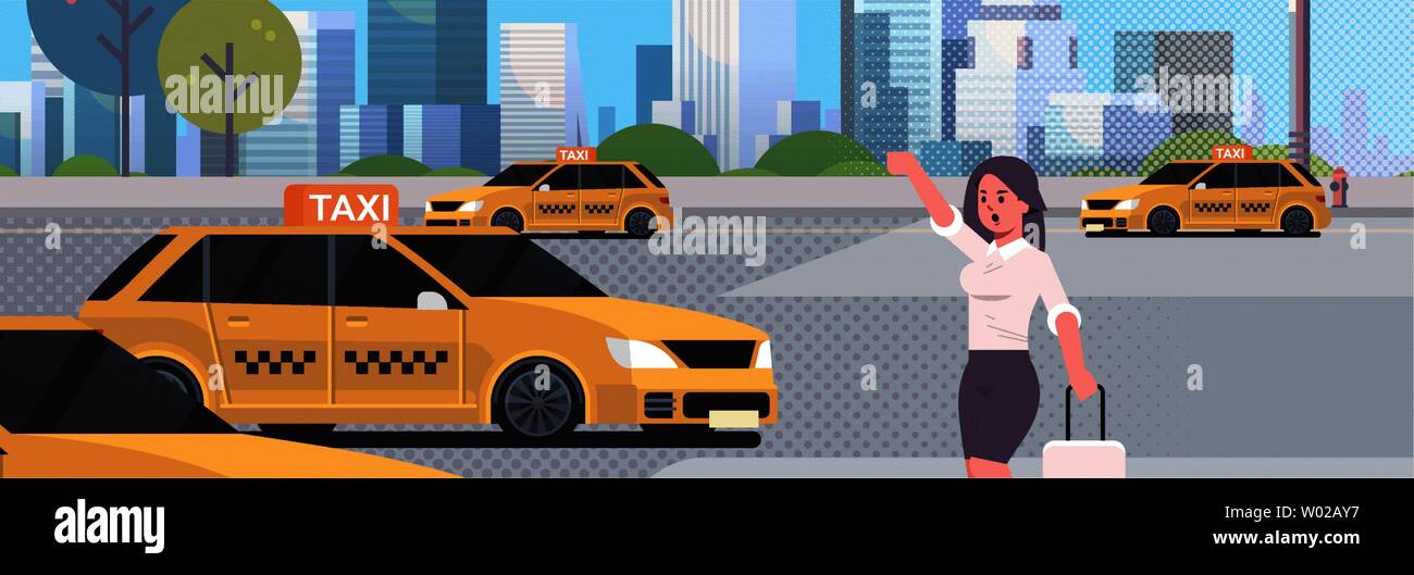 businesswoman catching taxi on street business woman in formal wear with luggage stopping yellow cab city transportation service concept cityscape Stock Vector