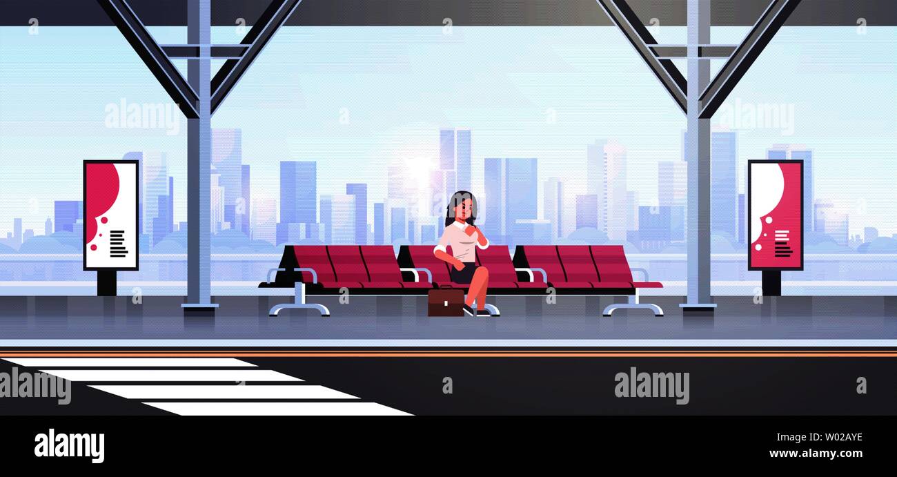 businesswoman sitting modern bus stop business woman with suitcase waiting public transport on airport station cityscape background flat horizontal Stock Vector