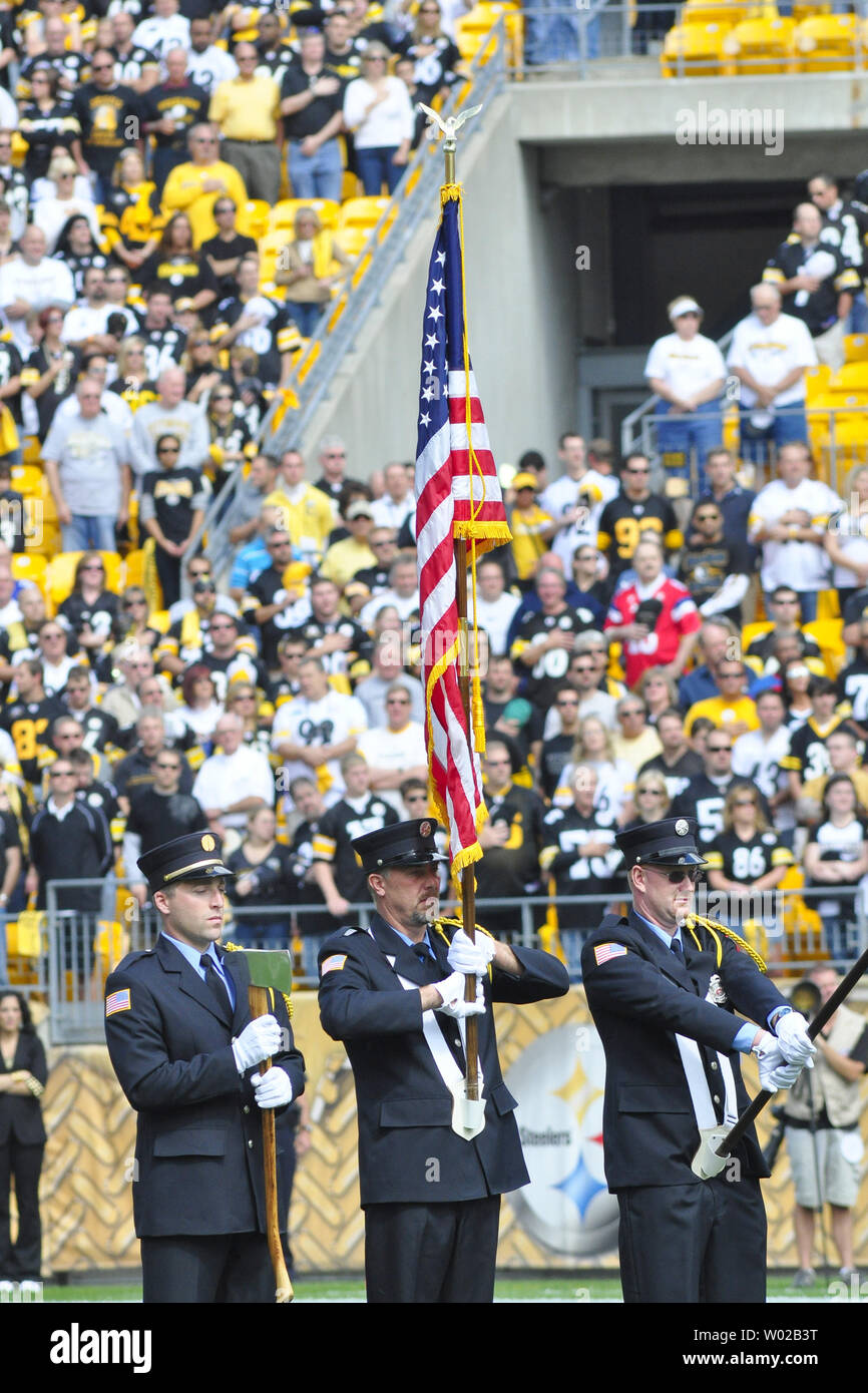 The Shanksville Volunteer Fire Department color guard presents the colors during the Nation Anthem before the start of the Pittsburgh Steelers and Seattle Seahawks football game at Heinz Field in Pittsburgh, Pennsylvania on September, 18 2011. The Shanksville Fire Department while the first responders for the crash od Flight 93 10 years.  UPI/Archie Carpenter Stock Photo