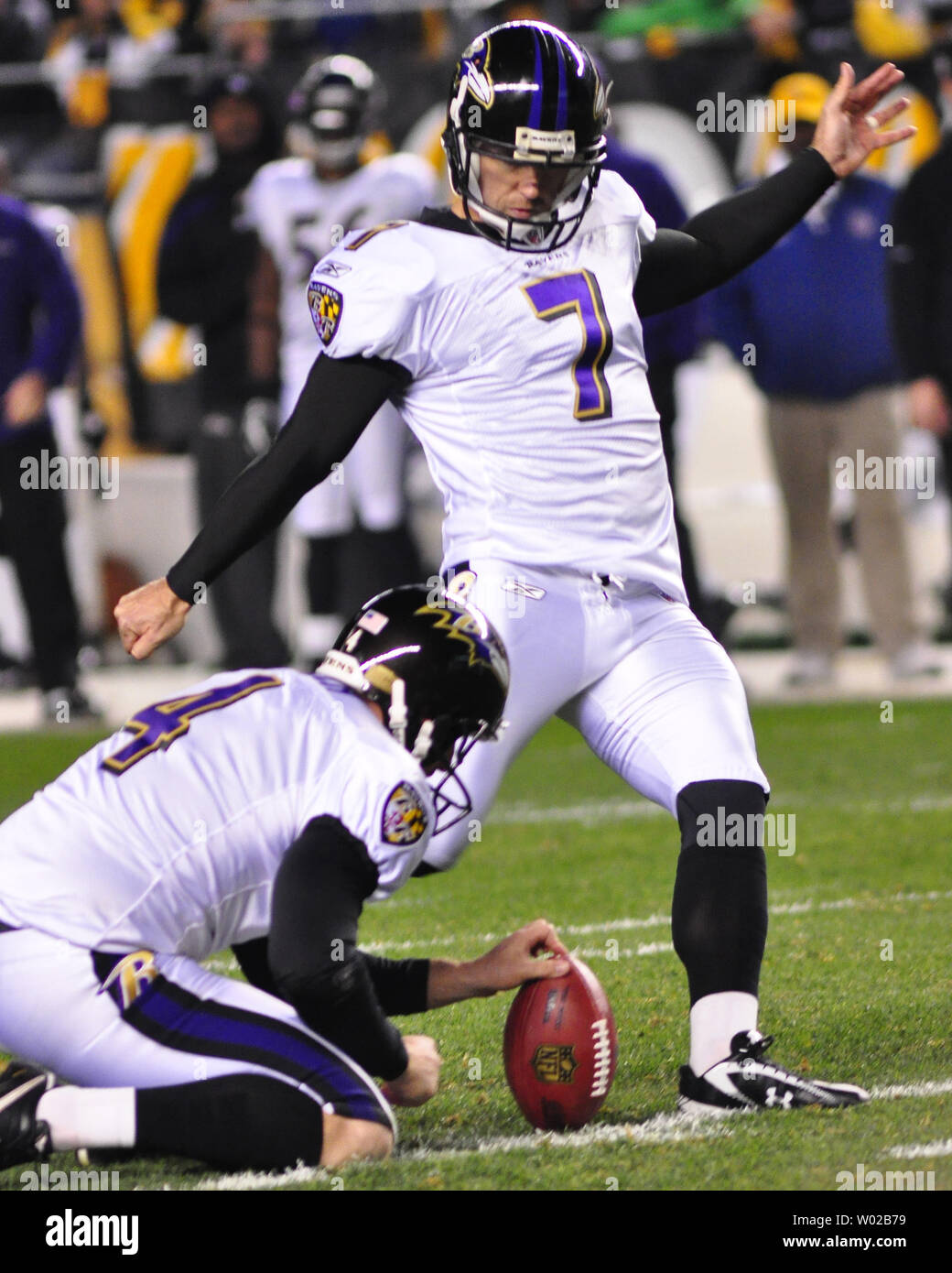 Baltimore Ravens kicker Billy Cundiff misses a 40 yard field goal against the Pittsburgh Steelers  at Heinz Field in Pittsburgh, Pennsylvania on November 6, 2011. The Ravens kicker totaled three fields to give the ravens the lead in the first half.    UPI/Archie Carpenter Stock Photo