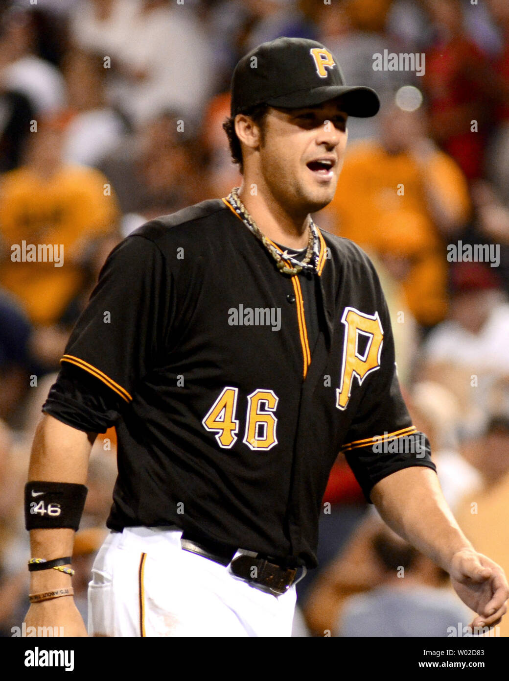 Pittsburgh Pirates First Baseman Garrett Jones 46 Celebrates Following The 5 0 Win Against The St Louis Cardinals At Pnc Park In Pittsburgh On August 30 13 Jones Recorded 4 Rbis And A
