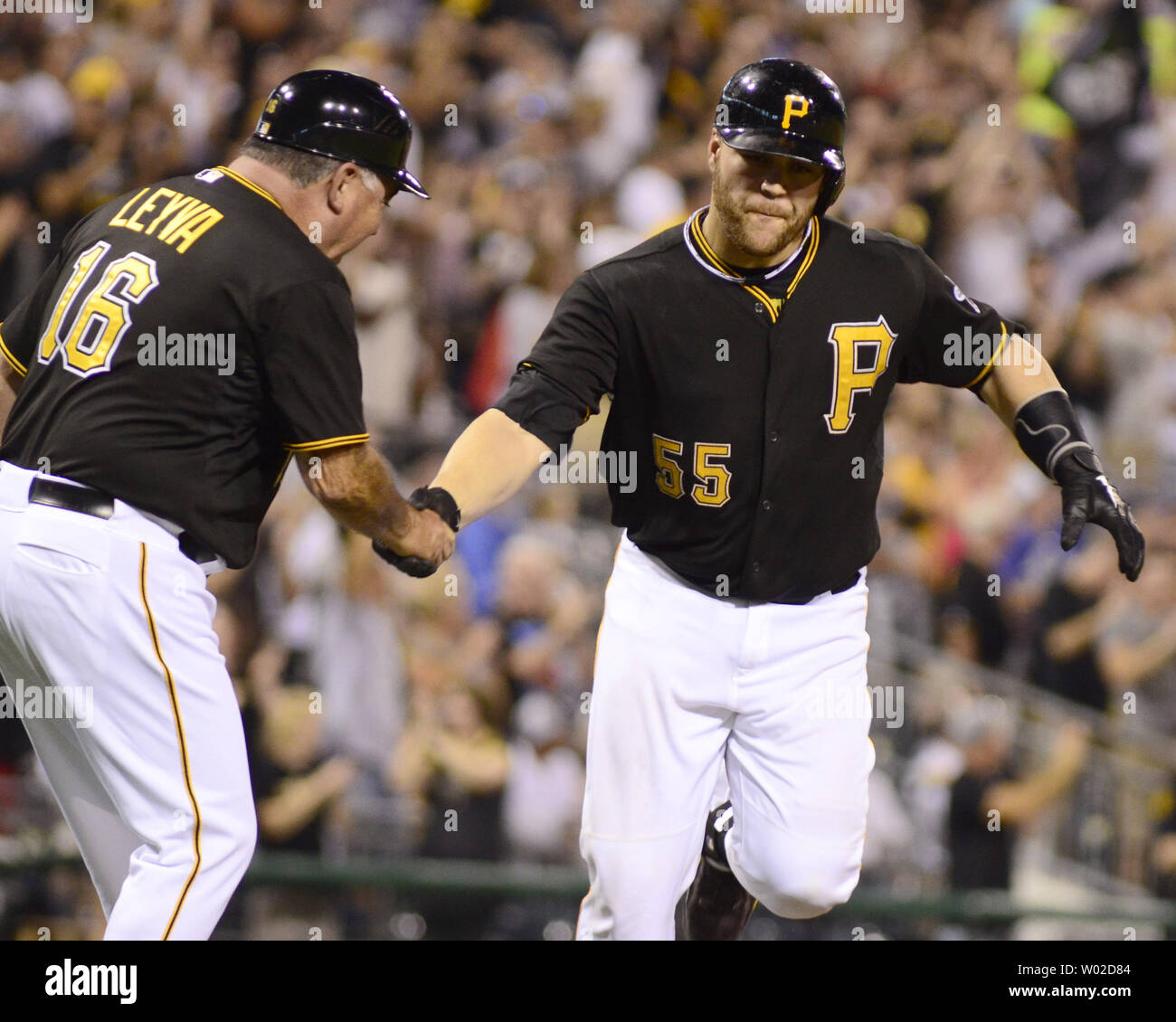Pittsburgh Pirates catcher Russell Martin (55) looks to the umpire in the  sixth inning of the 11 inning 2-1 win over the St. Louis Cardinals at PNC  Park in Pittsburgh, on July
