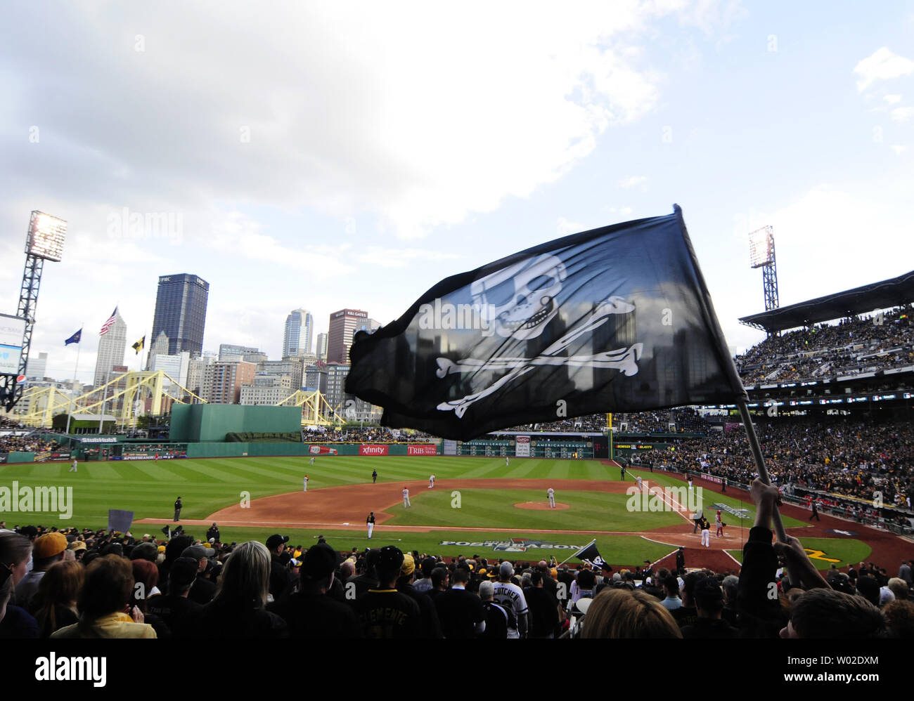 Pittsburgh Pirates mascot waves the pirate's flag, the Jolly Rogers  following the Pirates 7-0 win against the Houston Astros at PNC Park in  Pittsburgh on April 13, 2009. .(UPI Photo/Archie Carpenter Stock