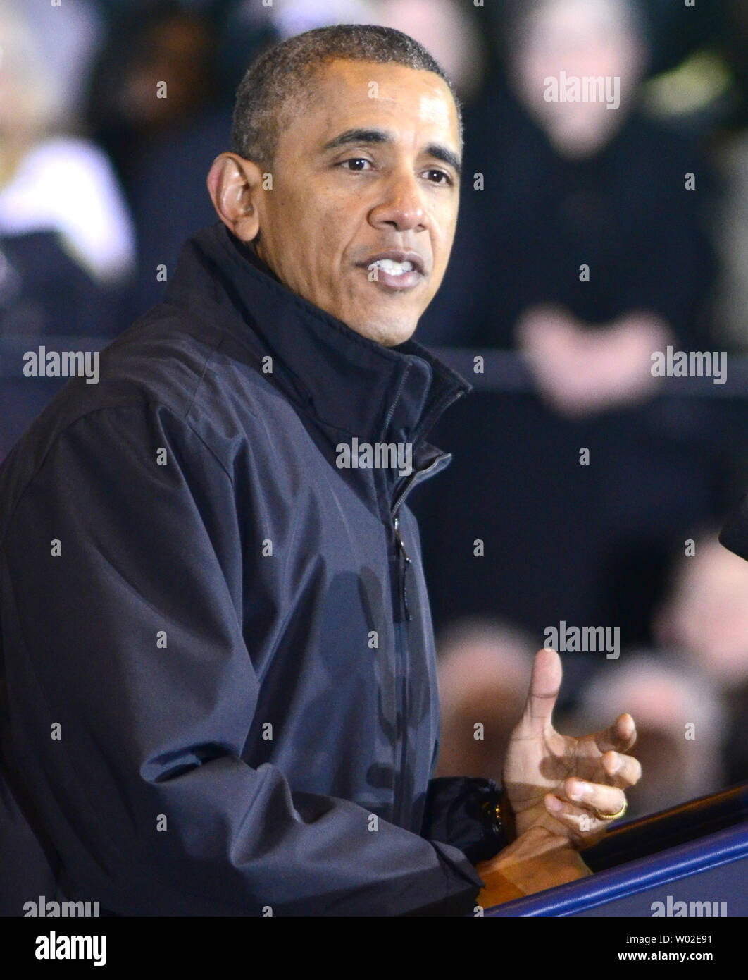 President Barack Obama addresses workers and guests at the U. S. Steel Irvin Plant in West Mifflin, Pennsylvania  before signing a presidential mandate on January 29, 2014.   UPI/Archie Carpenter Stock Photo