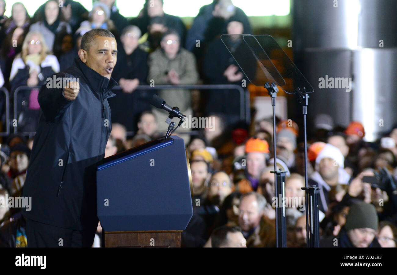 President Barack Obama addresses workers and guests at the U. S. Steel Irvin Plant in West Mifflin, Pennsylvania before signing a presidential mandate on January 29, 2014.   UPI/Archie Carpenter Stock Photo