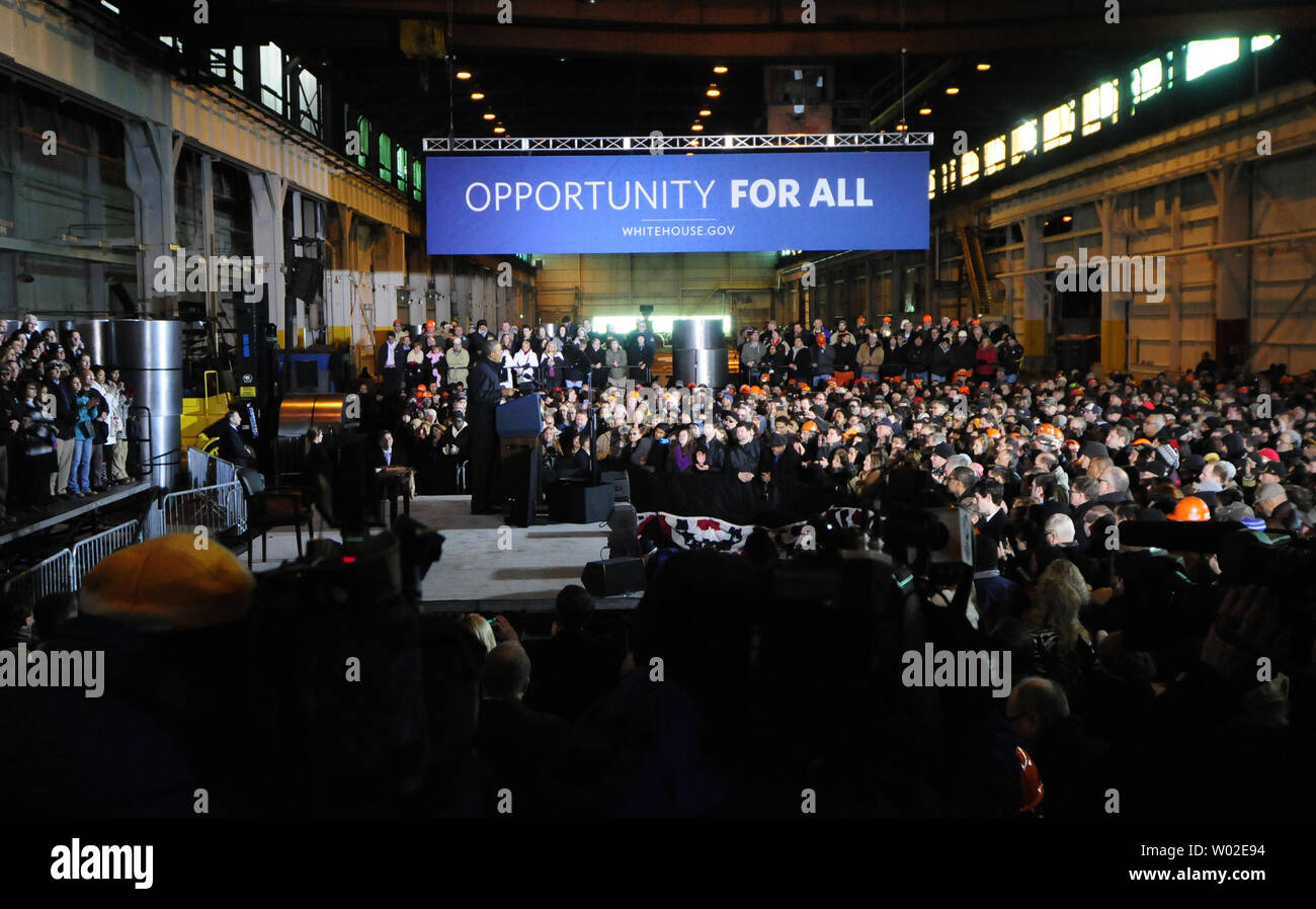 President Barack Obama addresses workers and guests at the U. S. Steel Irvin Plant in West Mifflin, Pennsylvania on January 29, 2014. The steel plant near Pittsburgh is the second stop on the Presidents two day trip following the State of the Union address.  UPI/Archie Carpenter Stock Photo