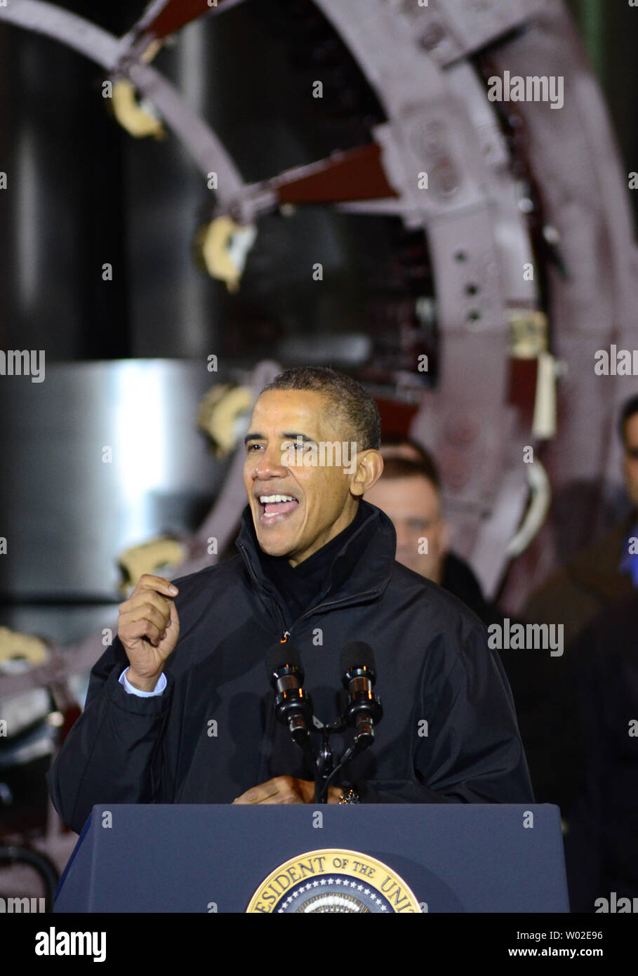 President Barack Obama addresses workers and guests at the U. S. Steel Irvin Plant in West Mifflin, Pennsylvania before signing a presidential memorandum for MyIRA, a new retirement plan, on January 29, 2014.   UPI/Archie Carpenter Stock Photo