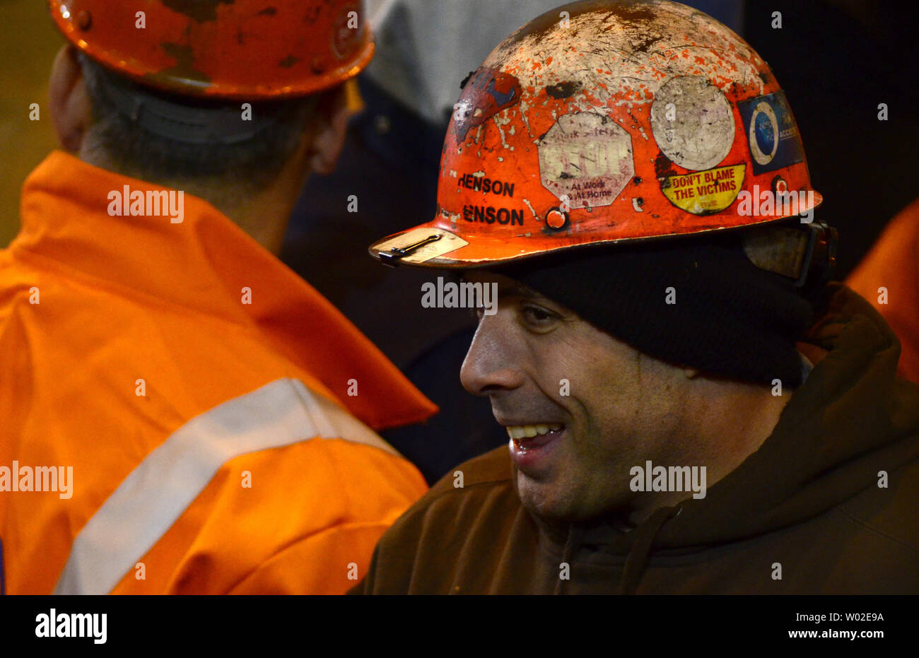Steelworker Troy Henson smiles as he waits for the arrival of President Barack Obama  at the U. S. Steel Irvin Plant in West Mifflin, Pennsylvania on January 29, 2014.   UPI/Archie Carpenter Stock Photo