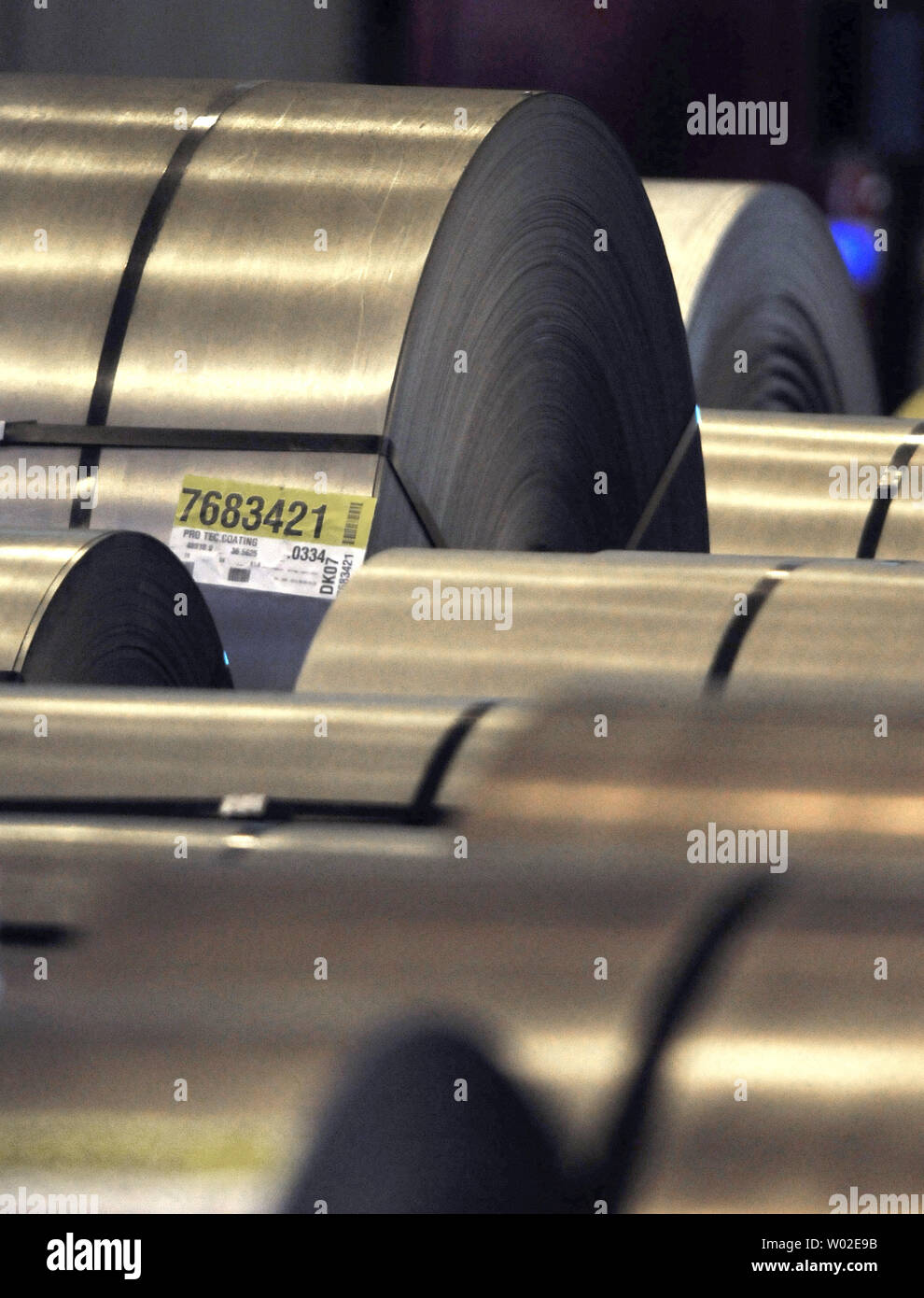 Rolls of steeler made  at the U. S. Steel Irvin Plant serves as a backdrop for the address of President Barack Obama in West Mifflin, Pennsylvania on January 29, 2014.   UPI/Archie Carpenter Stock Photo