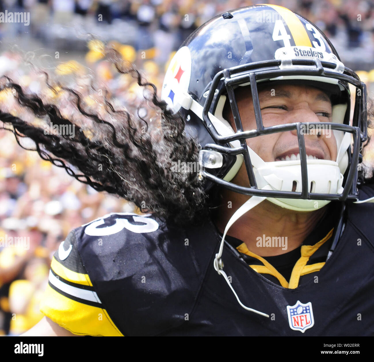 Pittsburgh Steelers safety Troy Polamalu (43) tackes Minnesota Vikings  running back Adrian Peterson (28) during fourth-quarter action. The Steelers  defeated the Vikings, 27-17, at Heinz Field in Pittsburgh, Pennsylvania,  Sunday, October 25