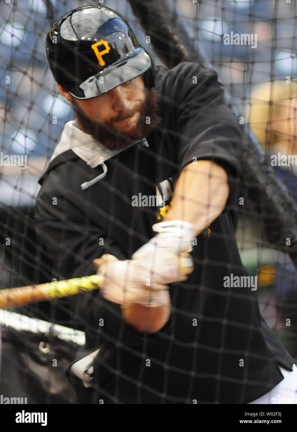 Pittsburgh Pirates catcher Russell Martin wears an Always October slogan  during batting practice prior to National League Wildcard playoff game  against the San Francisco Giants at PNC Park in Pittsburgh, Pennsylvania on