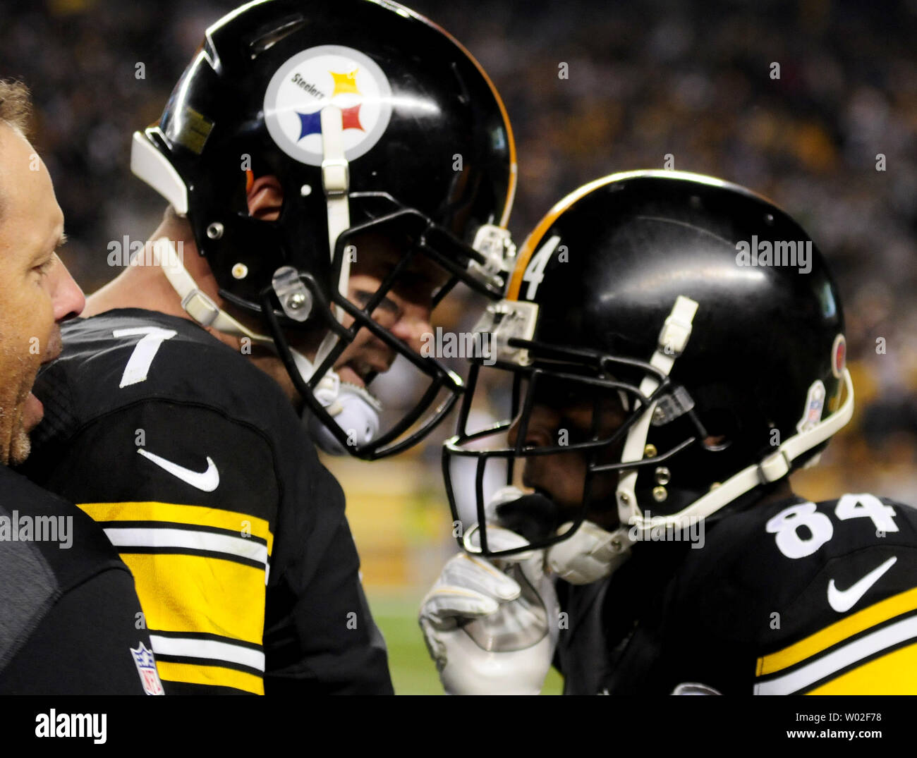 Pittsburgh Steelers Antonio Brown smiles from the bench while watching the  replay of his first quarter touchdown against the Indianapolis Colts at  Heinz Field in Pittsburgh on August 19, 2012. UPI/Archie Carpenter