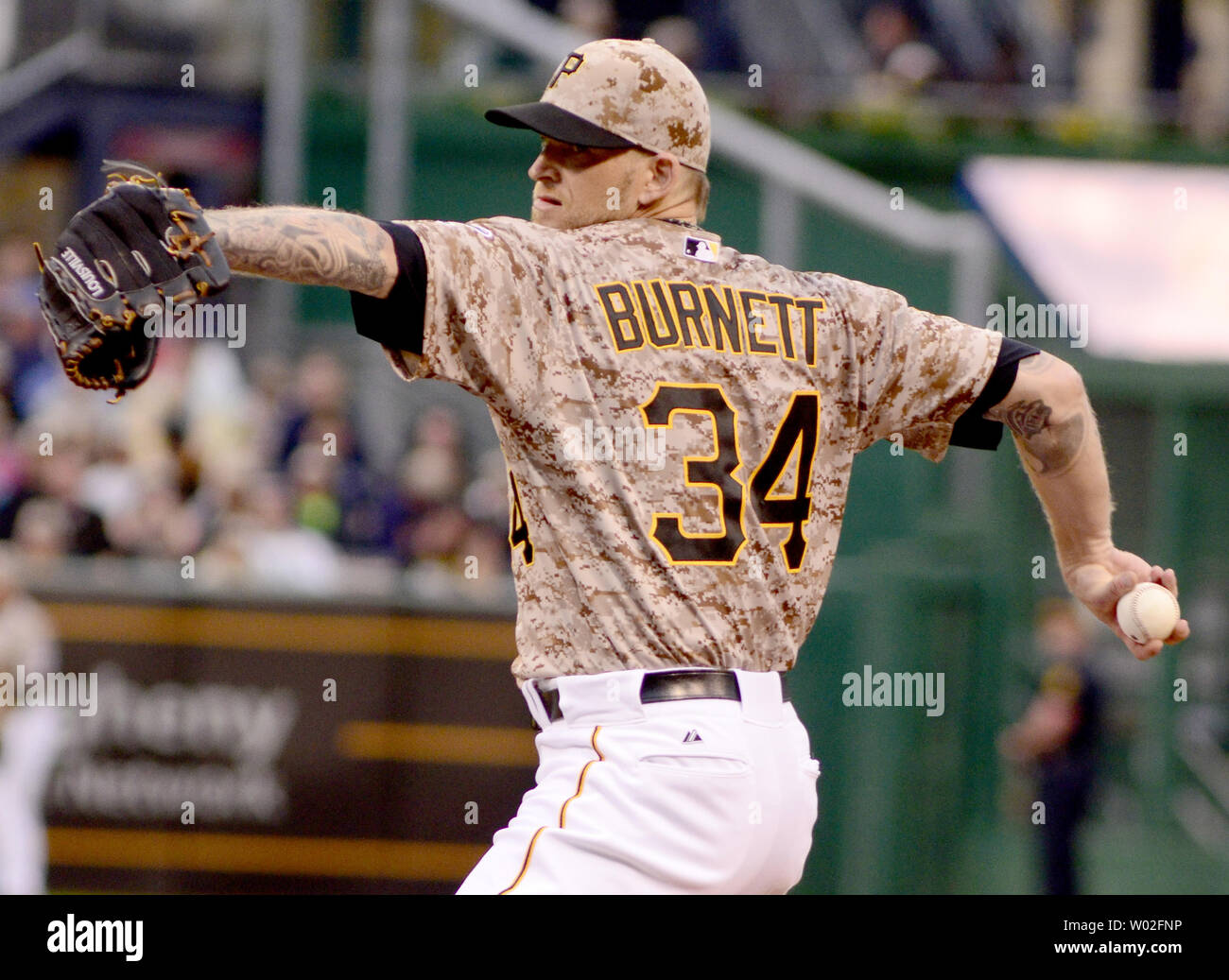 Pittsburgh Pirates starting pitcher A.J. Burnett (34) throws in the first  inning against the Cincinnati Reds at PNC Park in Pittsburgh, on June 25,  2015. Photo by Archie Carpenter/UPI Stock Photo - Alamy