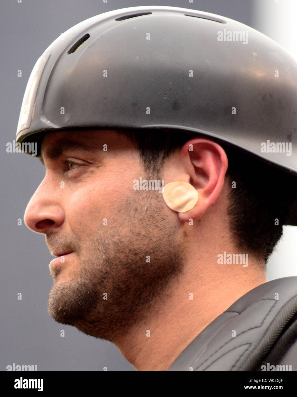 Pittsburgh Pirates catcher Francisco Cervelli (29) wears a bandage on his left ear during game one of a doubleheader with St. Louis Cardinals at PNC Park in Pittsburgh on September 30, 2015. The Pittsburgh Pirates won the first game 8-2.  Photo by Archie Carpenter/UPI Stock Photo