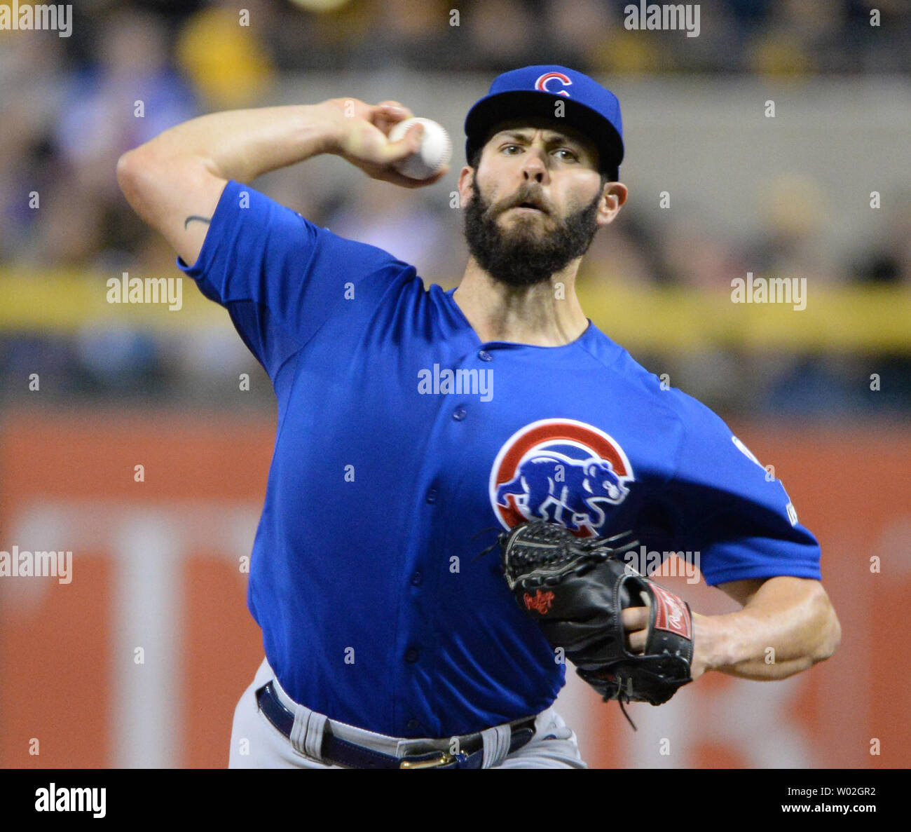 Chicago Cubs Jake Arrieta throws against the Pittsburgh Pirates in the  first inning of the National League Wild Card at PNC Park in Pittsburgh on  October 7, 2015. Photo by Pat Benic/UPI