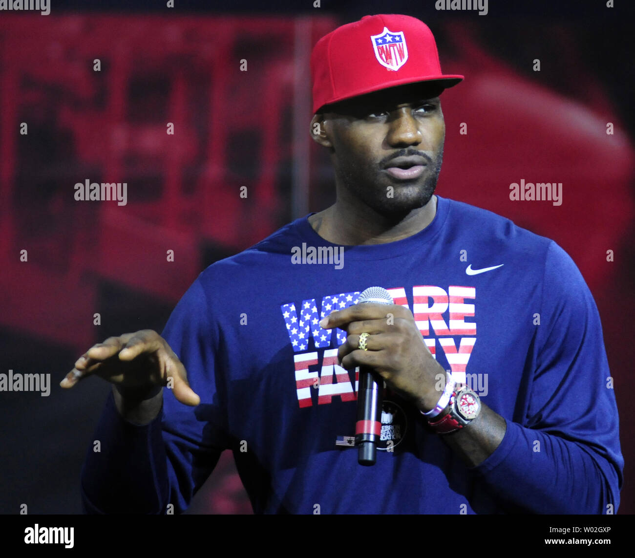 LeBron James addresses the crowd of young people and the families  before introducing First Lady Michelle Obama at a special event promoting her "Reach Higher" program  along with the LeBron James Family Foundnation at the James A. Rhodes Arena, at the University of Akron in Akron, Ohio.  Photo by Archie Carpenter/UPI Stock Photo