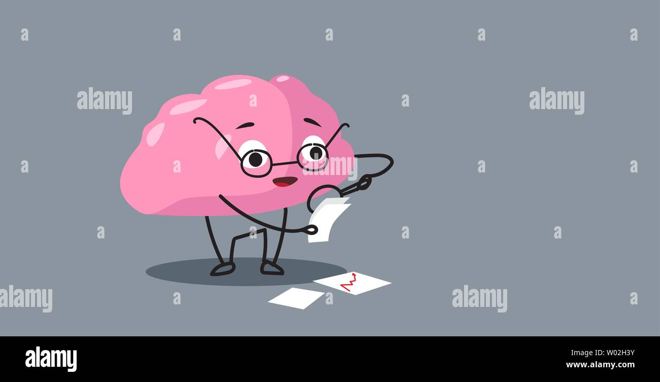 Cute Human Brain Organ Pink Cartoon Character Analyzing