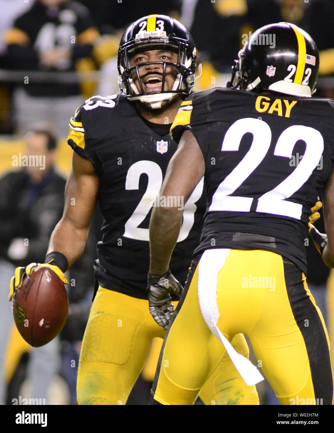 Pittsburgh Steelers free safety Mike Mitchell (23) and Pittsburgh Steelers cornerback William Gay (22) celebrates breaking up the pass from the Denver Broncos quarterback Brock Osweiler (17) in the final minutes in the fourth quarter of  the Steelers 34-27 win against the Denver Broncos at Heinz Field in Pittsburgh on December 20, 2015.  Photo by Archie Carpenter/UPI Stock Photo