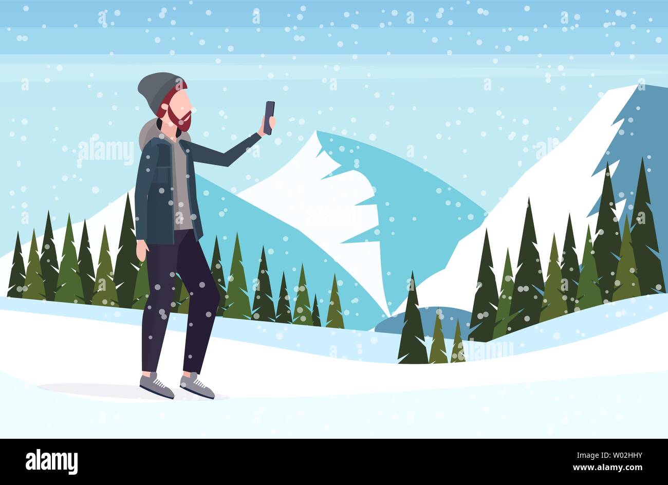 man taking selfie photo on smartphone camera casual male cartoon character posing snowy mountains landscape background flat full length Stock Vector