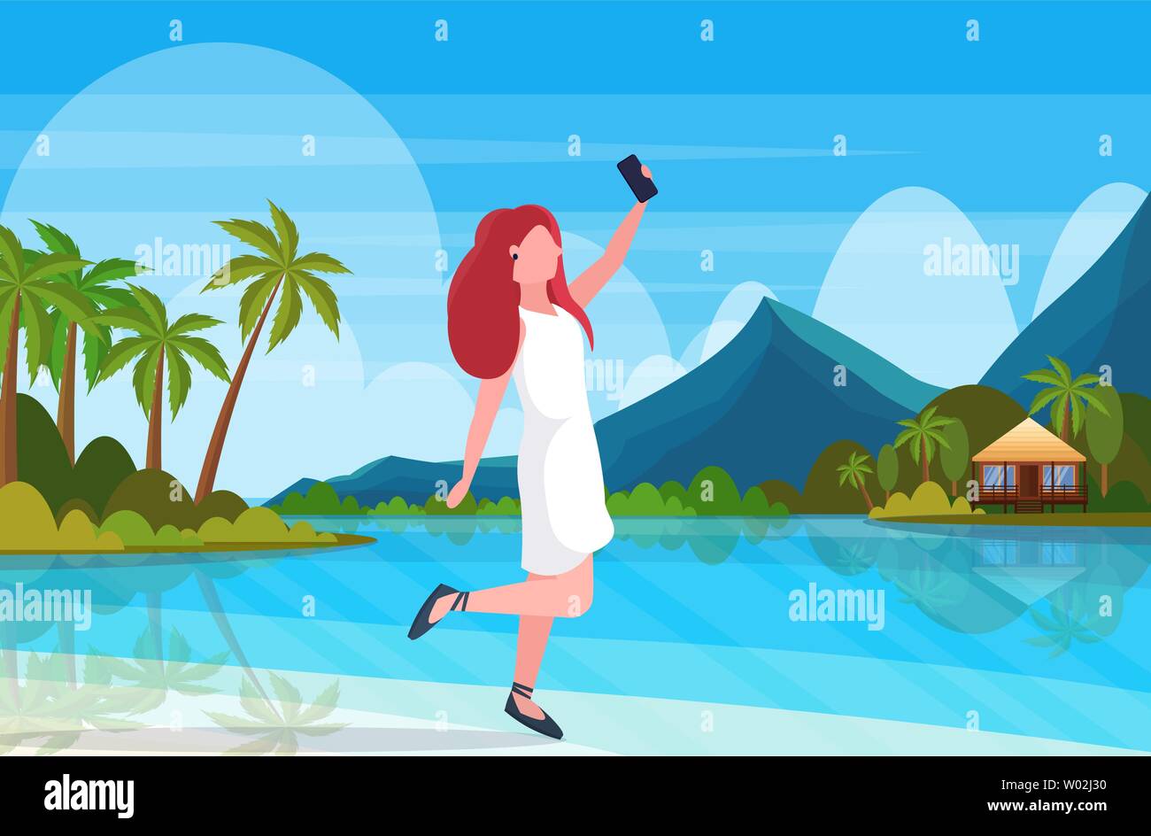 redhead woman on beach taking selfie photo on smartphone camera summer  vacation concept female cartoon character posing tropical island seaside  Stock Vector Image & Art - Alamy