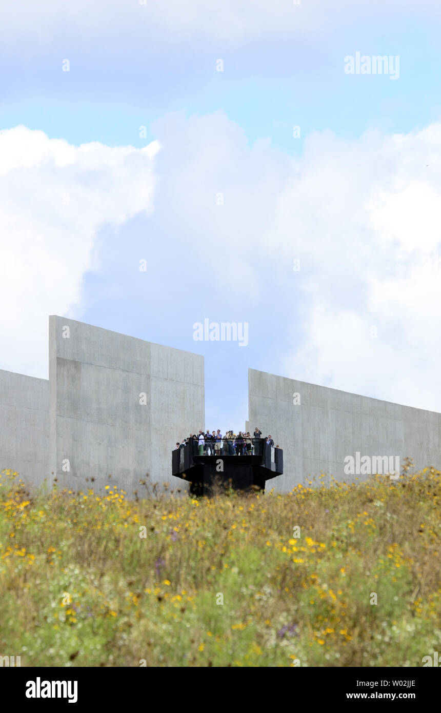 Vistors to the Names at the Flight 93 National Memorial stand on the overlook at the visitors center to see the crash site of Flight 93 and the Wall of Names on the 15th anniversary of  the the crash of the Flight 93 on September 11, 2016.  Photo by Archie Carpenter/UPI Stock Photo