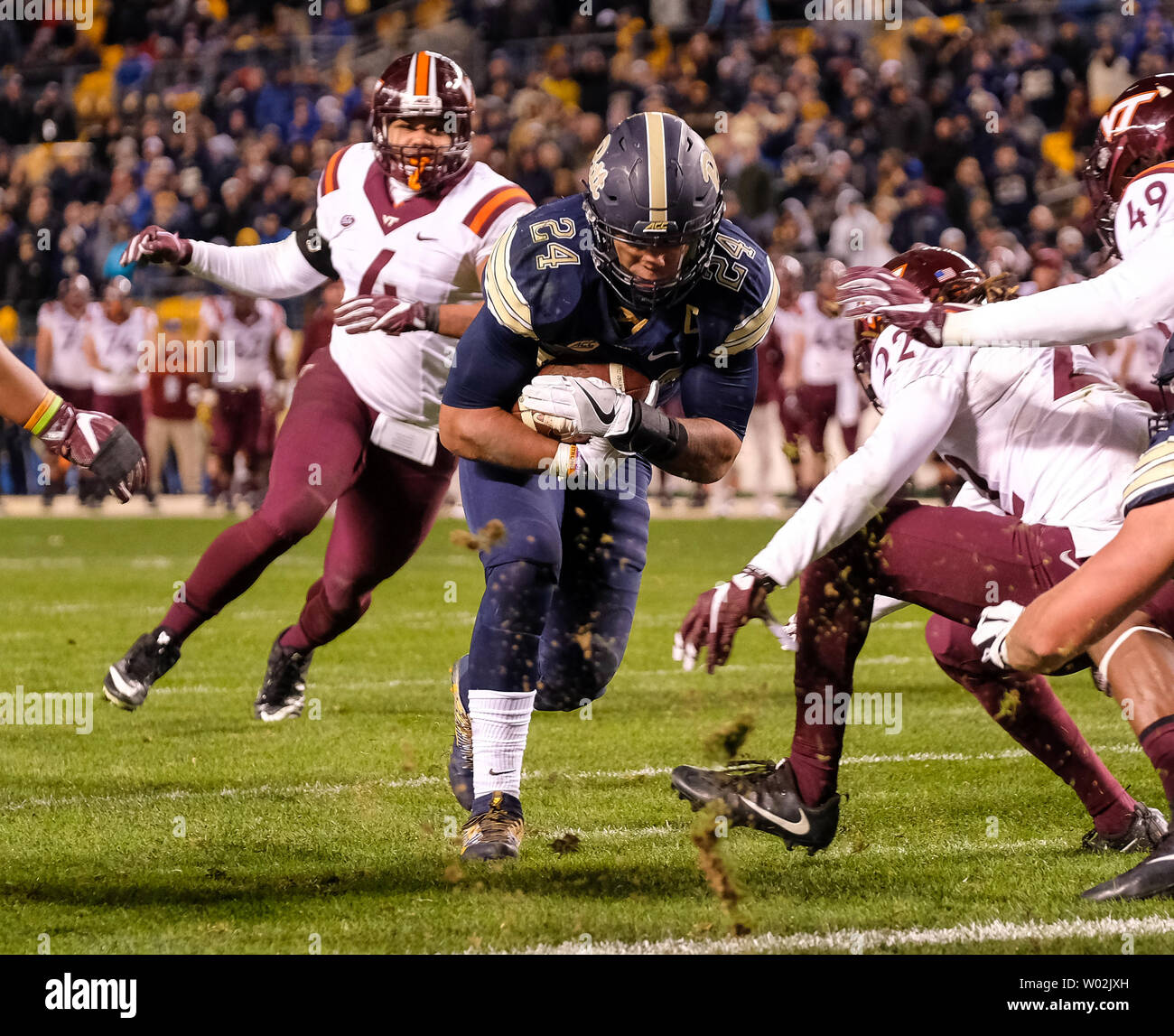 Pittsburgh Panthers running back James Conner (24) dives across the goal line for a two-point conversion against the Virginia Tech Hokies in the fourth quarter in Pittsburgh on October 27, 2016. Photo by Matt Durisko/UPI Stock Photo