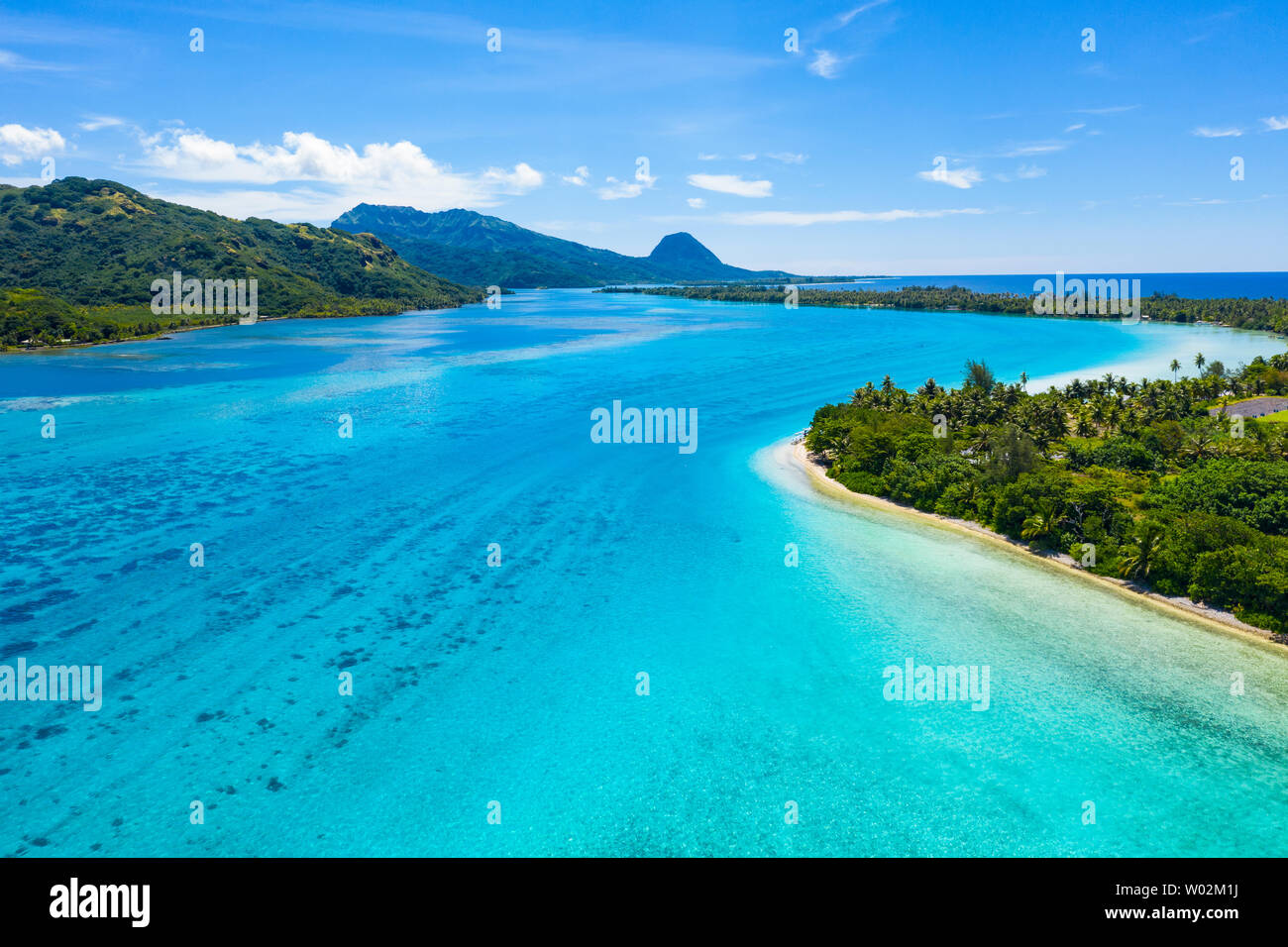 Aerial drone view of French Polynesia Tahiti island Huahine and Motu