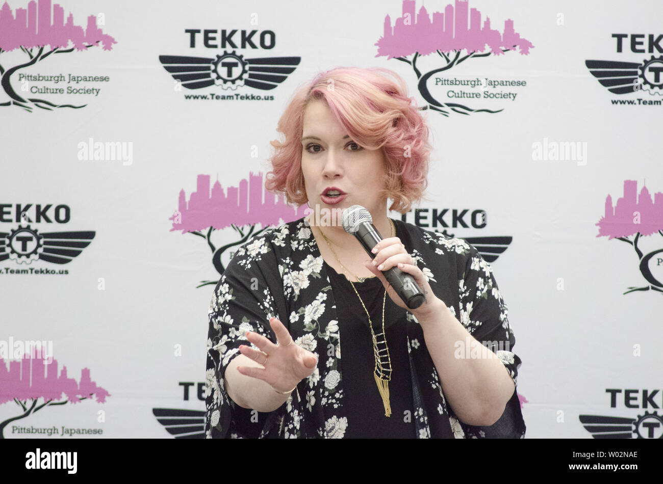 Monica Rial, a voice actor, fields question from the audience at Tekko, a Japanese Pop Culture festival at the David Lawrence Convention Center in Pittsburgh on April 7, 2018.   Photo by Archie Carpenter/UPI Stock Photo
