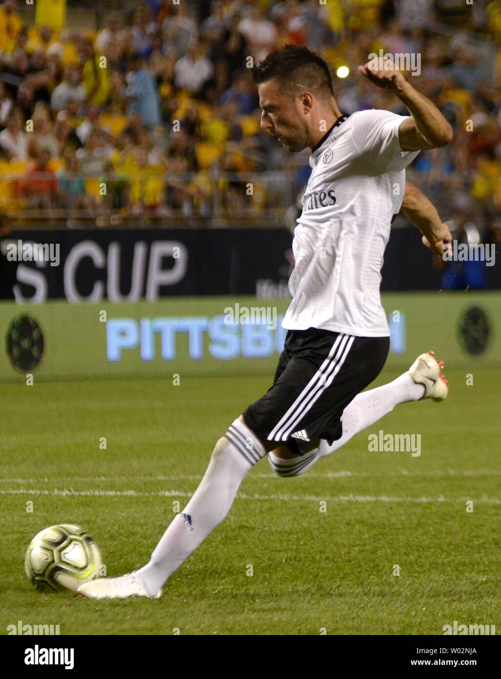 Benfica midfielder Andreas Samaris (22) misses during the penalty shots shootout against Borussia Dortmund at the 2018 International Champions Cup match at Heinz Field in Pittsburgh on July 25, 2018. Benfica wins 4-3 on penalties after a 2-2 tie.  Photo by Archie Carpenter/UPI Stock Photo