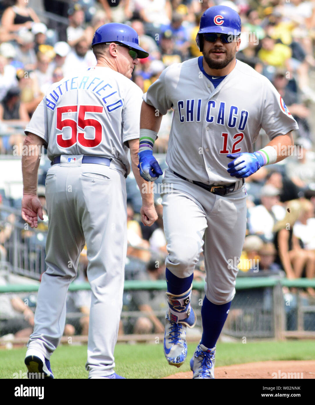 Chicago Cubs left fielder Kyle Schwarber (12) hits a solo home run in the second inning against the Pittsburgh Pirates at PNC Park on August 19, 2018 in Pittsburgh.  Photo by Archie Carpenter/UPI Stock Photo