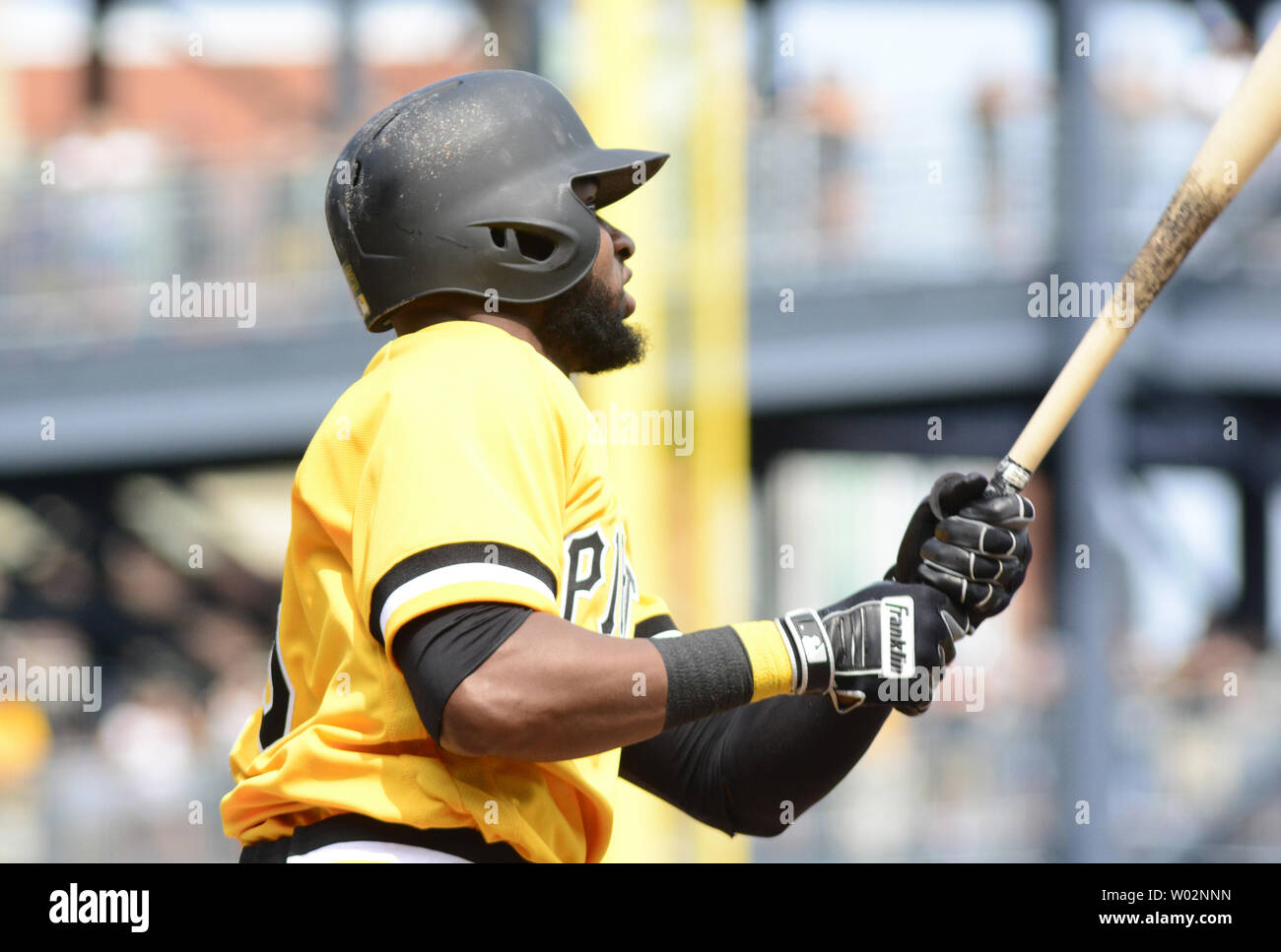 Pittsburgh Pirates right fielder Gregory Polanco (25) doubles to right field scoring Pittsburgh Pirates left fielder Corey Dickerson at PNC Park on August 19, 2018 in Pittsburgh.  Photo by Archie Carpenter/UPI Stock Photo