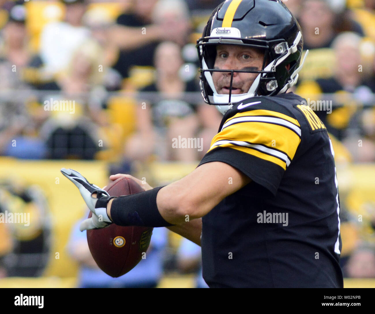 Pittsburgh Steelers quarterback Ben Roethlisberger steps back pass in the first quarter against the Tennessee Titans at Heinz Field in Pittsburgh on August 25, 2018. Photo by Archie Carpenter/UPI Stock Photo