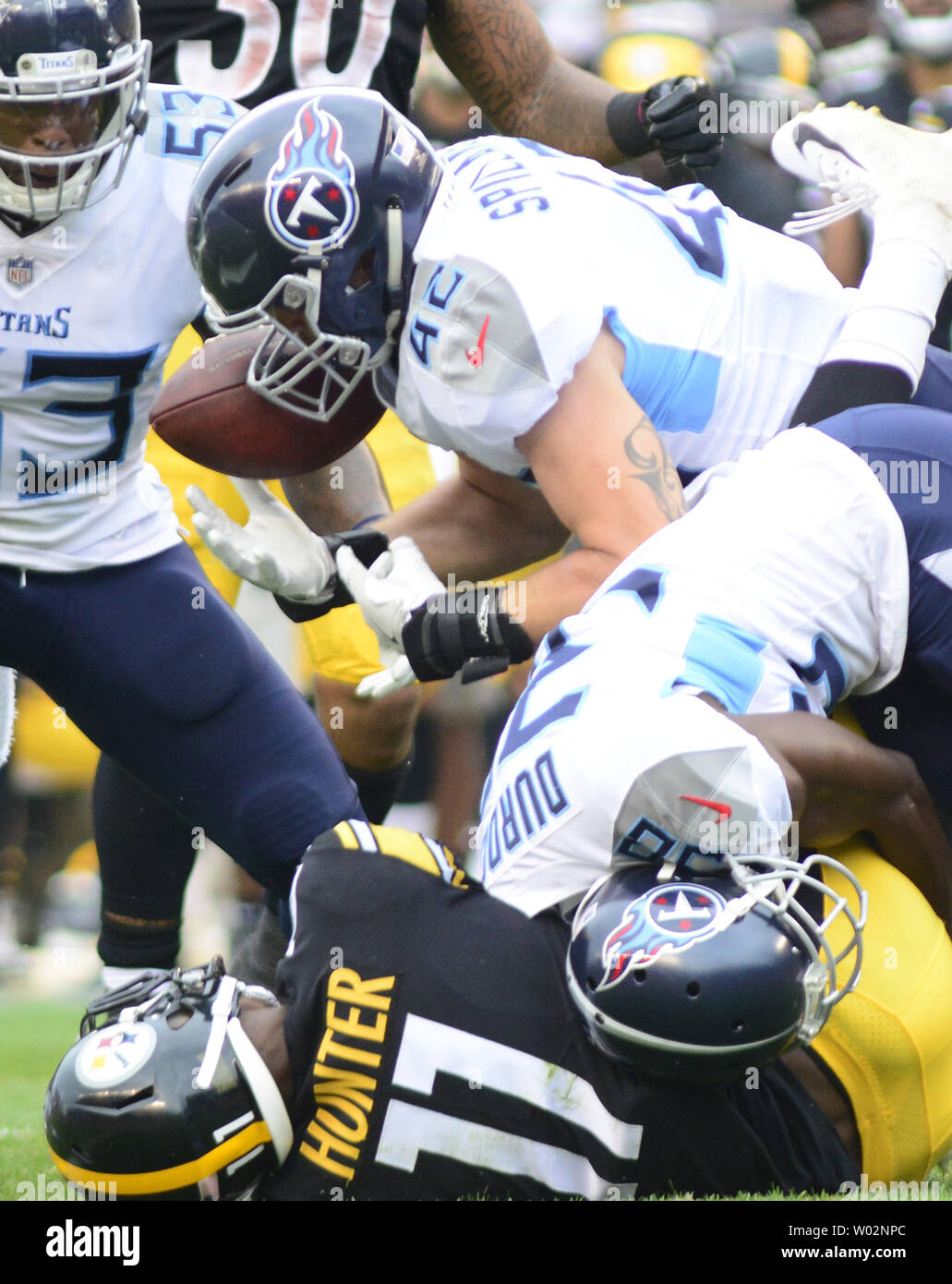 Tennessee Titans linebacker Robert Spillane (42) intercepts a pass meant for Pittsburgh Steelers wide receiver Justin Hunter (11) in the second quarter at Heinz Field in Pittsburgh on August 25, 2018. Photo by Archie Carpenter/UPI Stock Photo