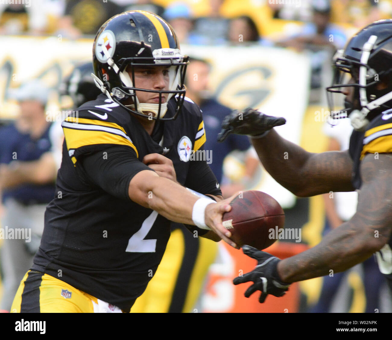 Pittsburgh Steelers quarterback Mason Rudolph (2) hands off the ball during the fourth quarter of the 16-6 preseason win against the Tennessee Titans at Heinz Field in Pittsburgh on August 25, 2018.     Photo by Archie Carpenter/UPI Stock Photo