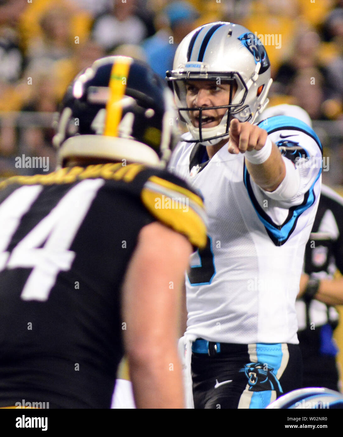 Carolina Panthers quarterback Taylor Heinicke (6) points to the Pittsburgh Steelers defense in the first quarter during the preseason game at Heinz Field in Pittsburgh on August 30, 2018. Photo by Archie Carpenter/UPI Stock Photo