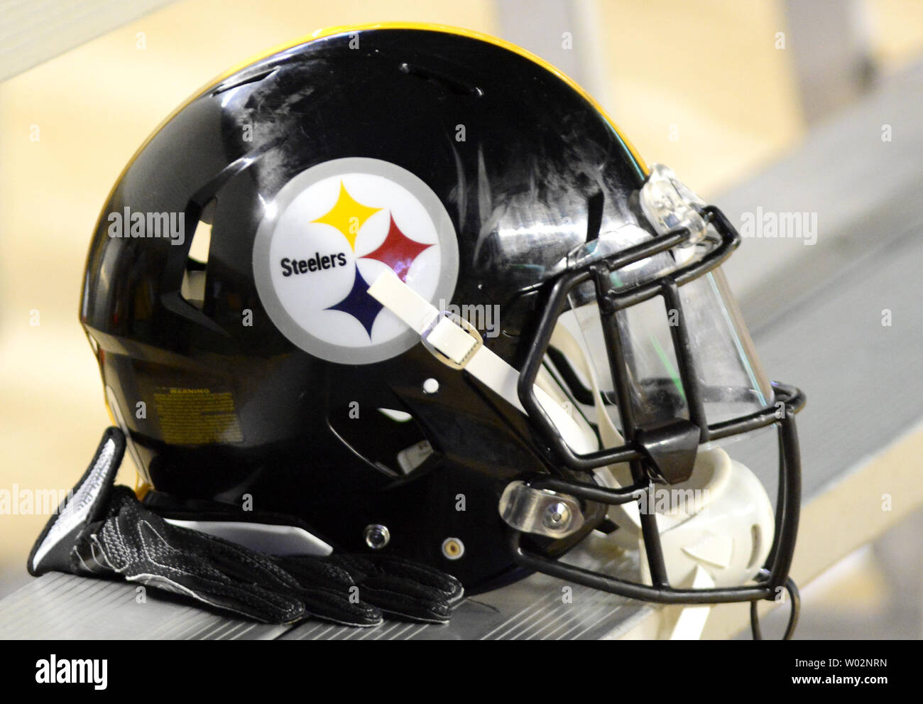 Pittsburgh Steelers helmet rests on the bench following the Steelers 39-24 preseason win over the Carolina Panthers at Heinz Field in Pittsburgh on August 30, 2018.  Photo by Archie Carpenter/UPI Stock Photo