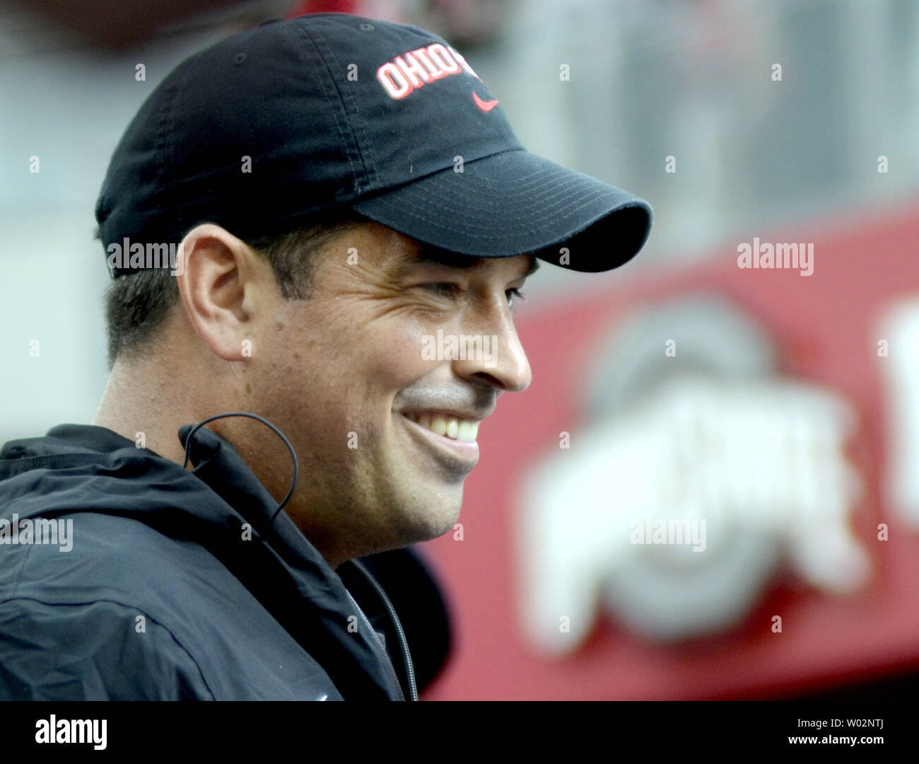 Ohio State Buckeyes Acting Head Coach Ryan Day smiles as he departs the field following the Buckeyes 77-31 win against the Oregon State Beavers at Ohio Stadium in Columbus, Ohio on September 1, 2018. Photo by Archie Carpenter/UPI Stock Photo