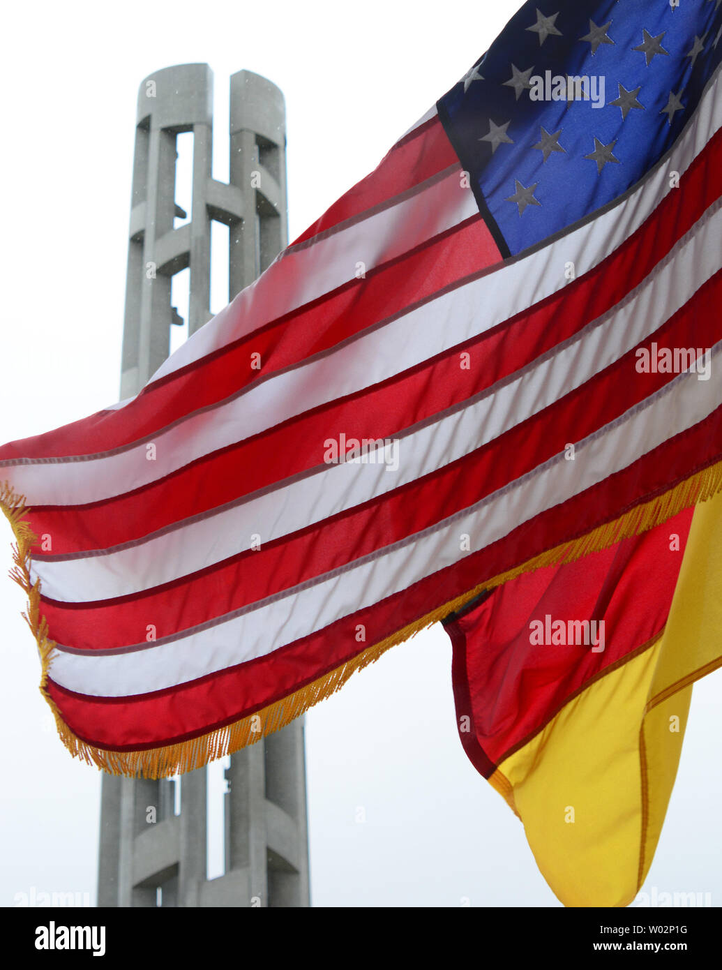 The American Fag flies at the 'Tower of Voices'  during the September 9, 2018 dedication ceremony near the entrance of The Flight 93 Memorial near Shanksville, Pennsylvania on September 9, 2018  The 93 foot tall tower with it's 40 chimes is the final pieces of the memorial project.  Photo by Archie Carpenter/UPI Stock Photo