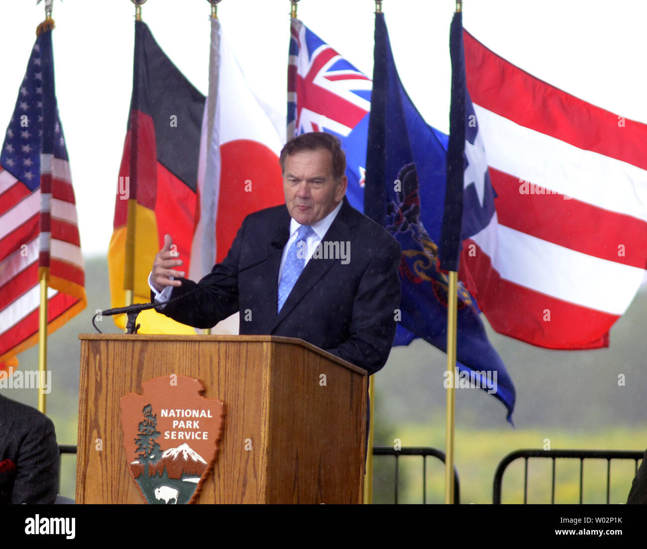 Tom Ridge, first U.S. Secretary of Homeland Security and 43rd Governor of Pennsylvania addresses the family and friends of the victims of Flight 93 at the  'Tower of Voices'  dedication ceremony on September 9, 2018 at the entrance of The Flight 93 Memorial near Shanksville, Pennsylvania.   Photo by Archie Carpenter/UPI Stock Photo