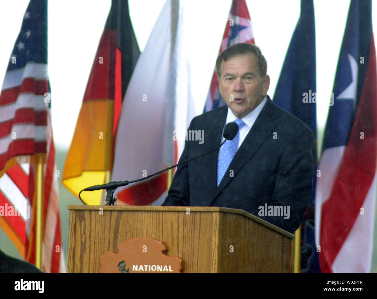 Tom Ridge, first U.S. Secretary of Homeland Security and 43rd Governor of Pennsylvania addresses the family and friends of the victims of Flight 93 at the  'Tower of Voices'  dedication ceremony on September 9, 2018 at the entrance of The Flight 93 Memorial near Shanksville, Pennsylvania.   Photo by Archie Carpenter/UPI Stock Photo